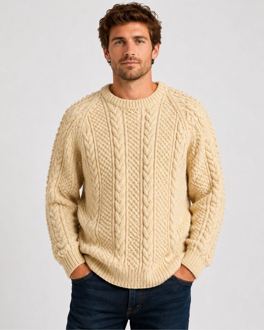 Avoca Collection Ireland Aran Cable Knit Wool Sweater Mens L Cream Fisherman